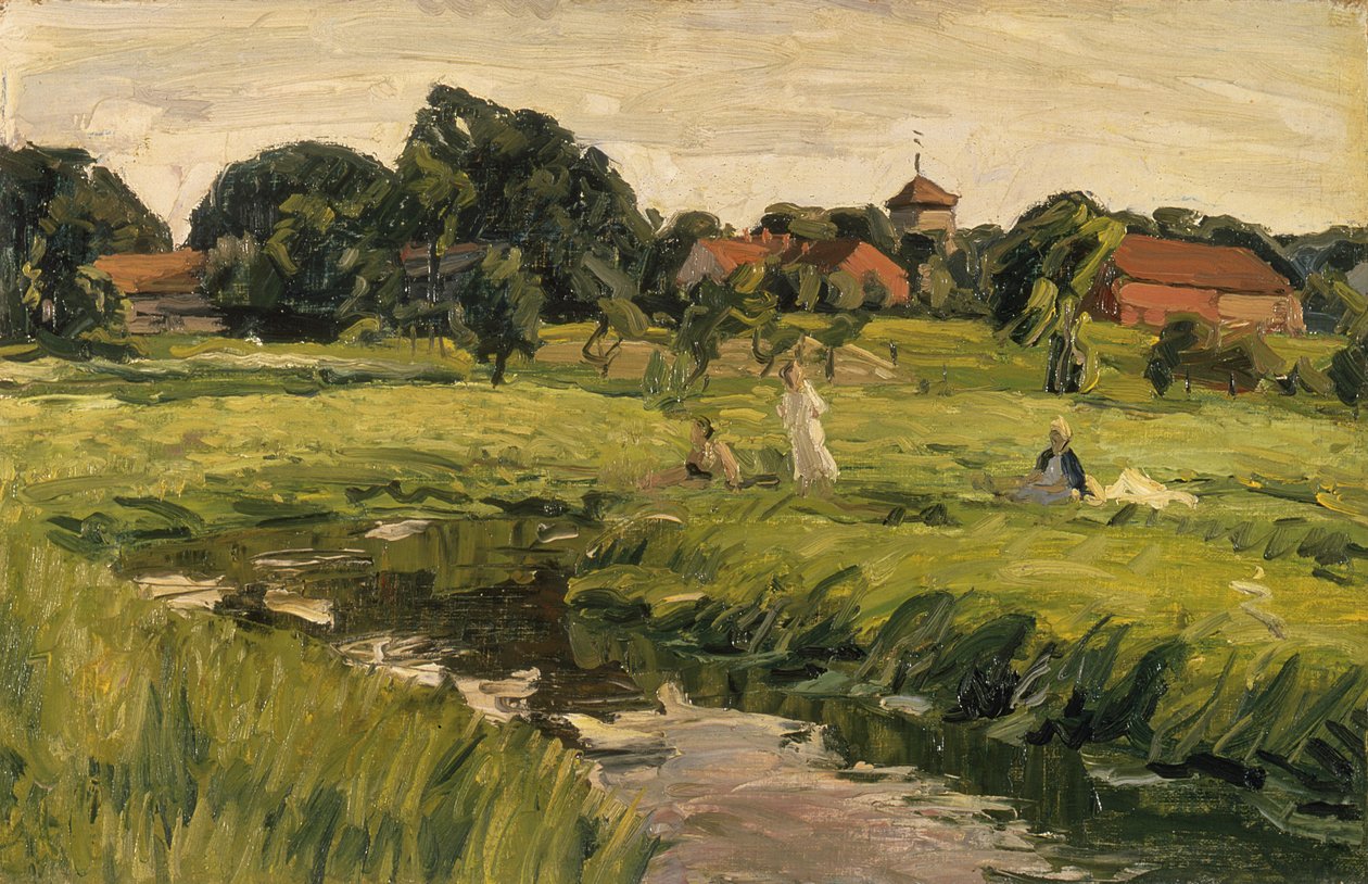 Children by the Creek (olja på duk) av J. Hansch