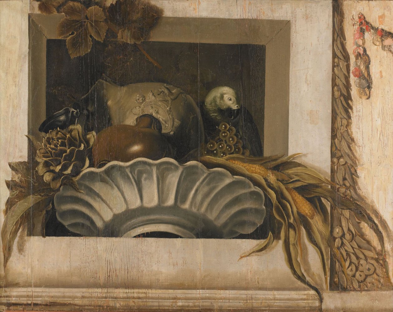 Still Life of Vegetables and a Parrot in a Niche av Jacob van Campen