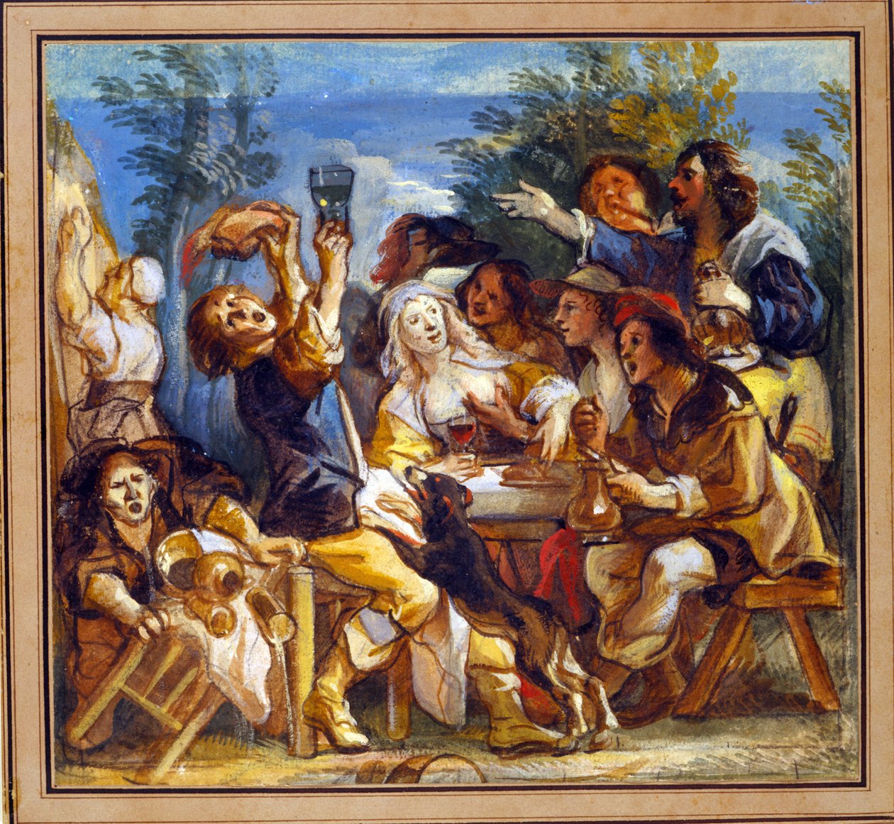 Ett sällskap dricker utanför ett värdshus (wc förstärkt med vitt på papper) av Jacob Jordaens