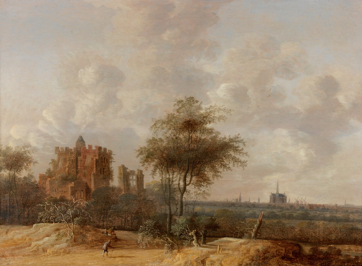 Landskap med Brederodes slottsruin och en avlägsen vy av Haarlem, 1655 av Jacob van der Croos