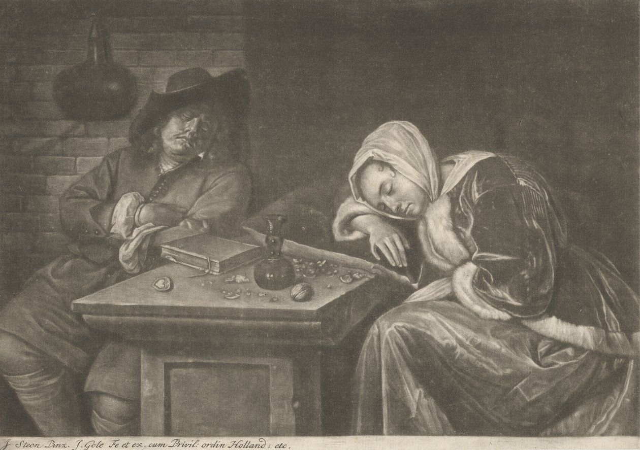 Man och hans fru sover vid bordet av Jacob Gole