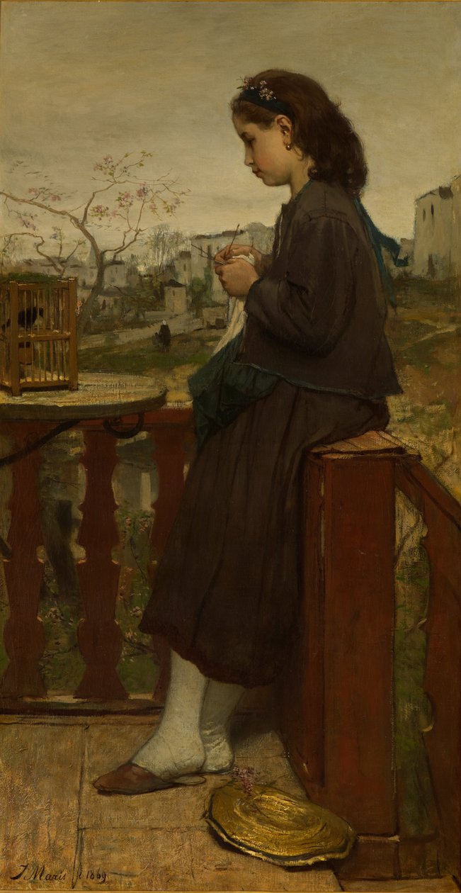 Flicka stickar på en balkong, Montmartre av Jacob Maris