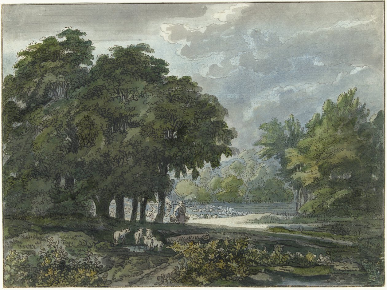 Herdar med flock i skogslandskap av Jacob van Liender