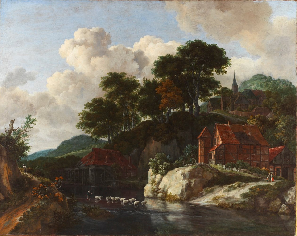 Kuperat landskap med vattenkvarn av Jacob van Ruisdael