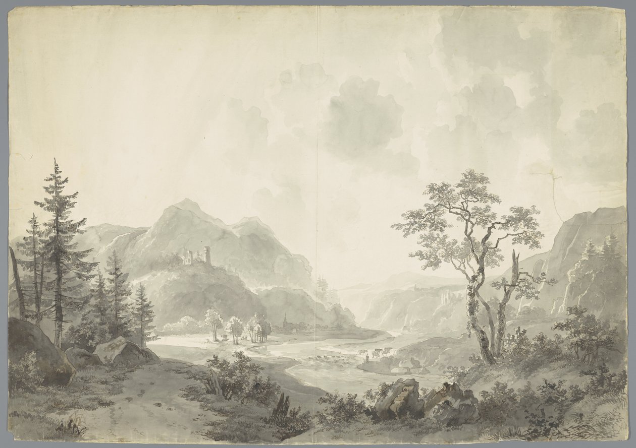 Berglandskap med en flod av Jacob van Strij