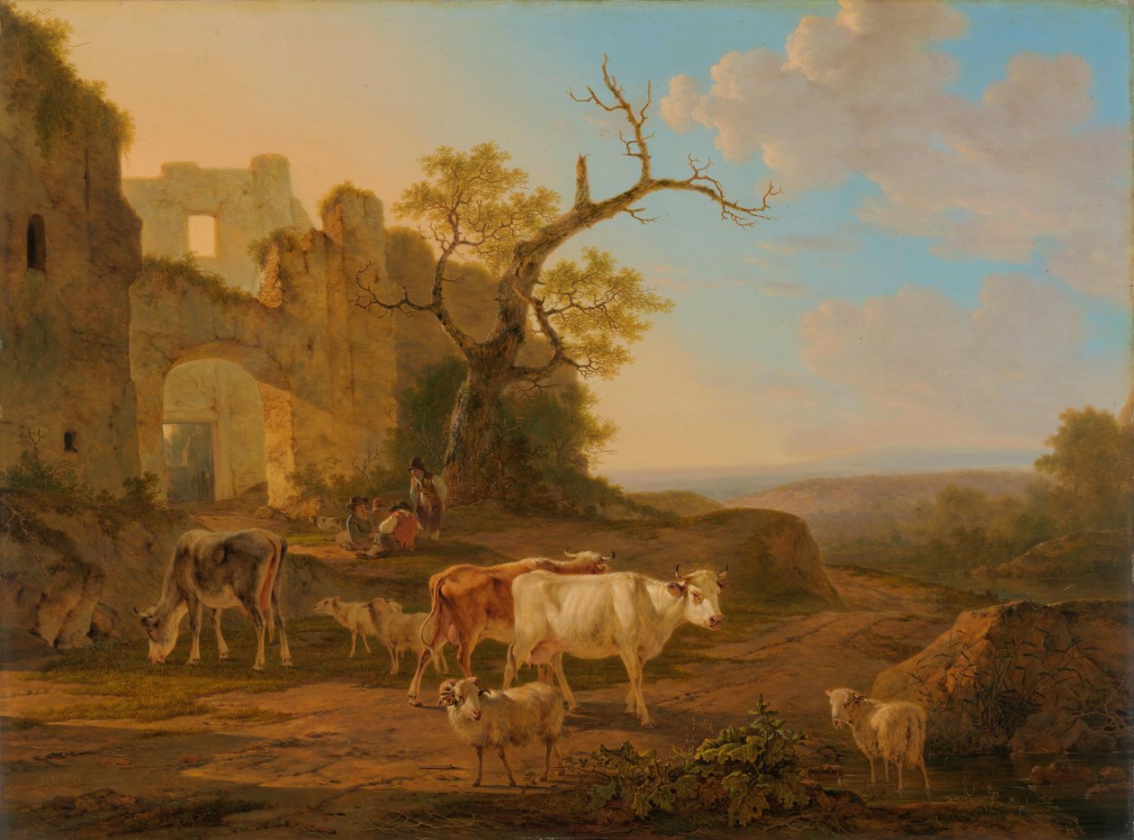 Landskap med kor nära en ruin av Jacob van Strij