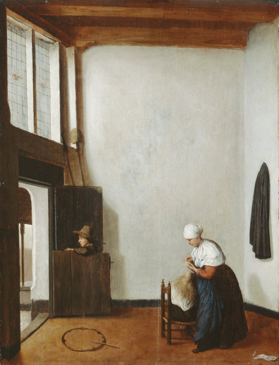 Interiör med en kvinna som kammar en liten flickas hår, ca 1662 (olja på ekpanel) av Jacobus Vrel or Frel