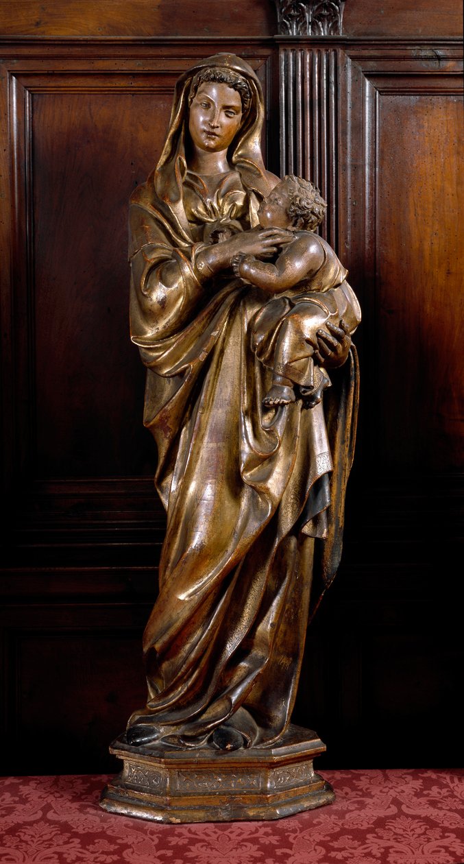 Jungfru och barn. Träskulptur av Jacopo della Quercia