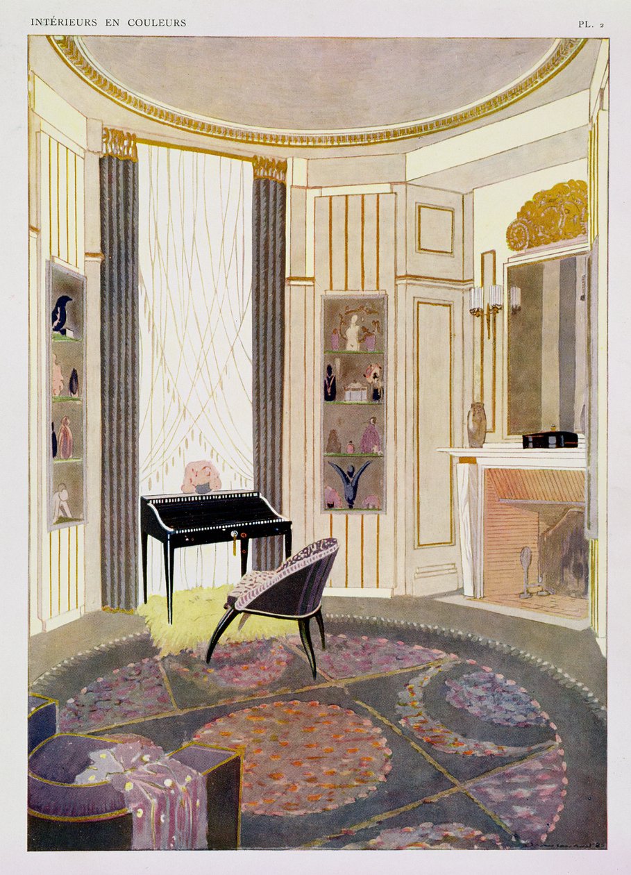 Interiör med möbler designade av Ruhlmann, från en samling av grafik som Albert Levy gav ut i fyra volymer, ca 1924-26 (pochoir-tryck) av Jacques Emile Ruhlmann