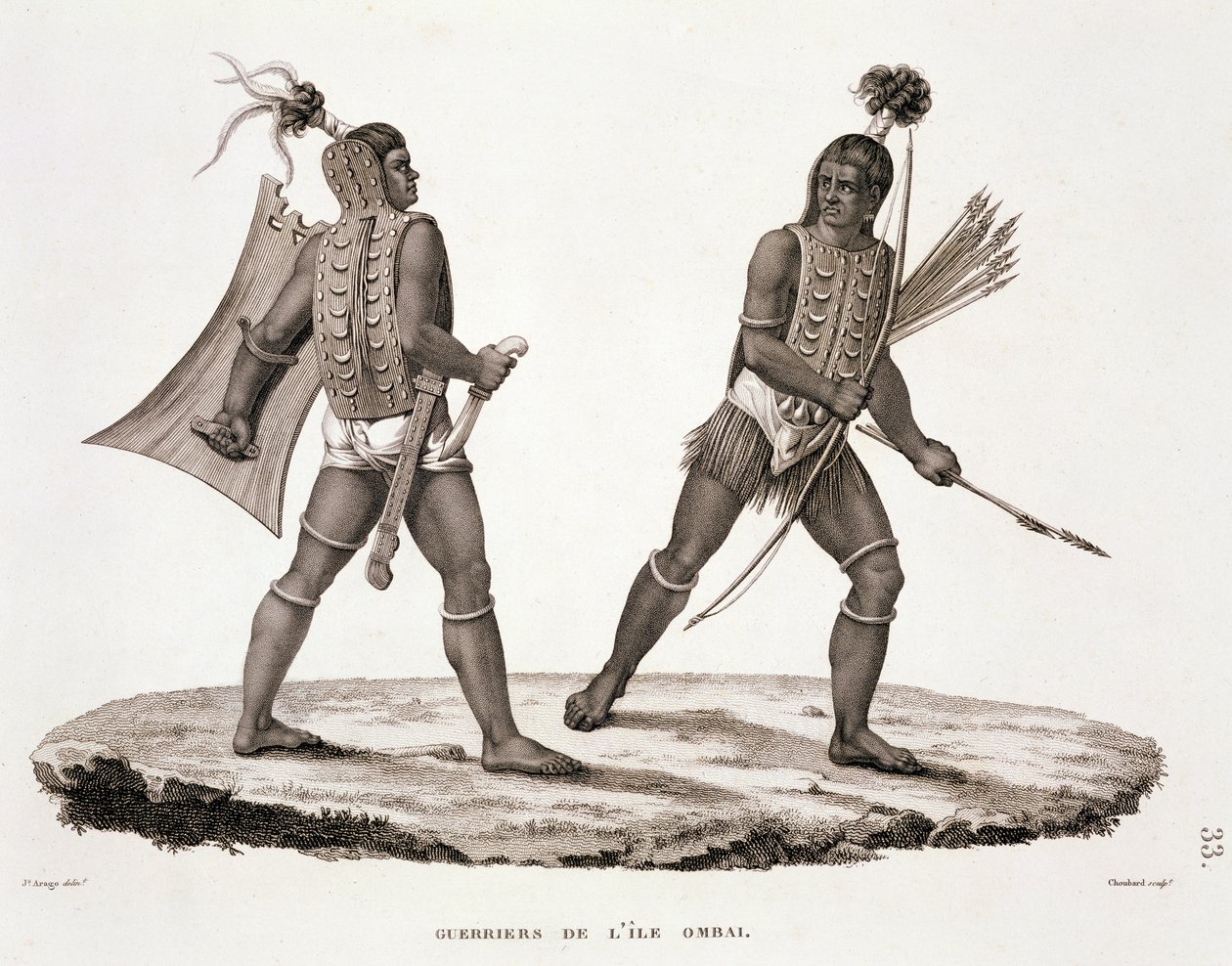 Krigare från ön Ombai, från "Voyage Autour du Monde (1817-20)", av Louis Claude De Saulces de Freycinet (1779-1842) graverad av Chaubard, publicerad 1822-24 av Jacques Etienne Victor Arago