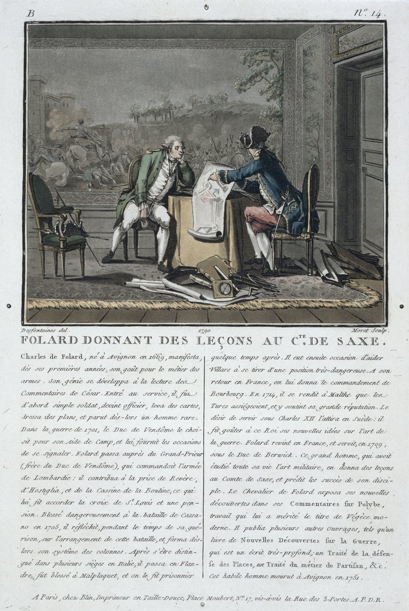 Charles, Chevalier de Folard (1699-1751) instruerar greven av Sachsen (1696-1750), graverad av Jean Baptiste Morret (fl.1790-1820), 1790 av Jacques Francois Joseph Swebach