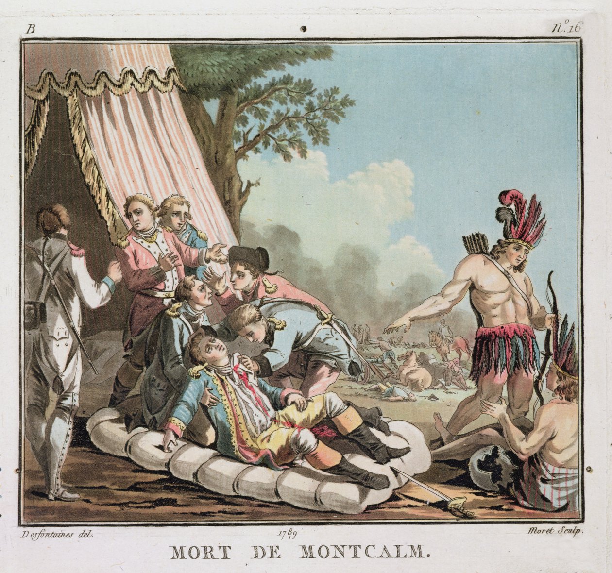 Louis Joseph de Montcalms död vid belägringen av Quebec, 1759, graverad av Jean Baptiste Morret (fl.1790-1820), 1789 (färgad litho) (se även 139883) av Jacques Francois Joseph Swebach