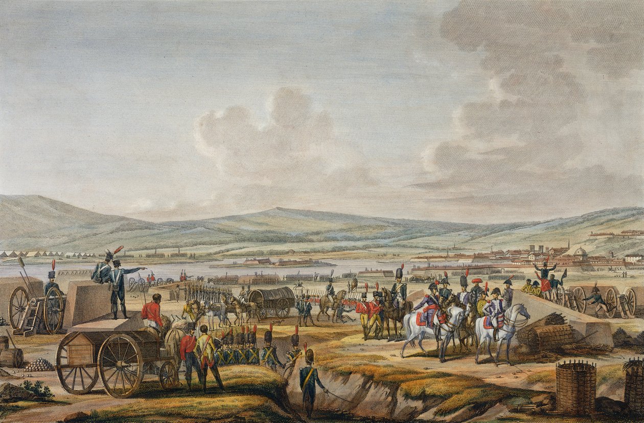 Napoleon besöker belägringsverket i Danzig under ledning av marskalk Le Febvre, 9 maj 1807, graverad av Francois Jacques Dequevauviller (1783-1848) (akvatint) av Jacques Francois Joseph Swebach