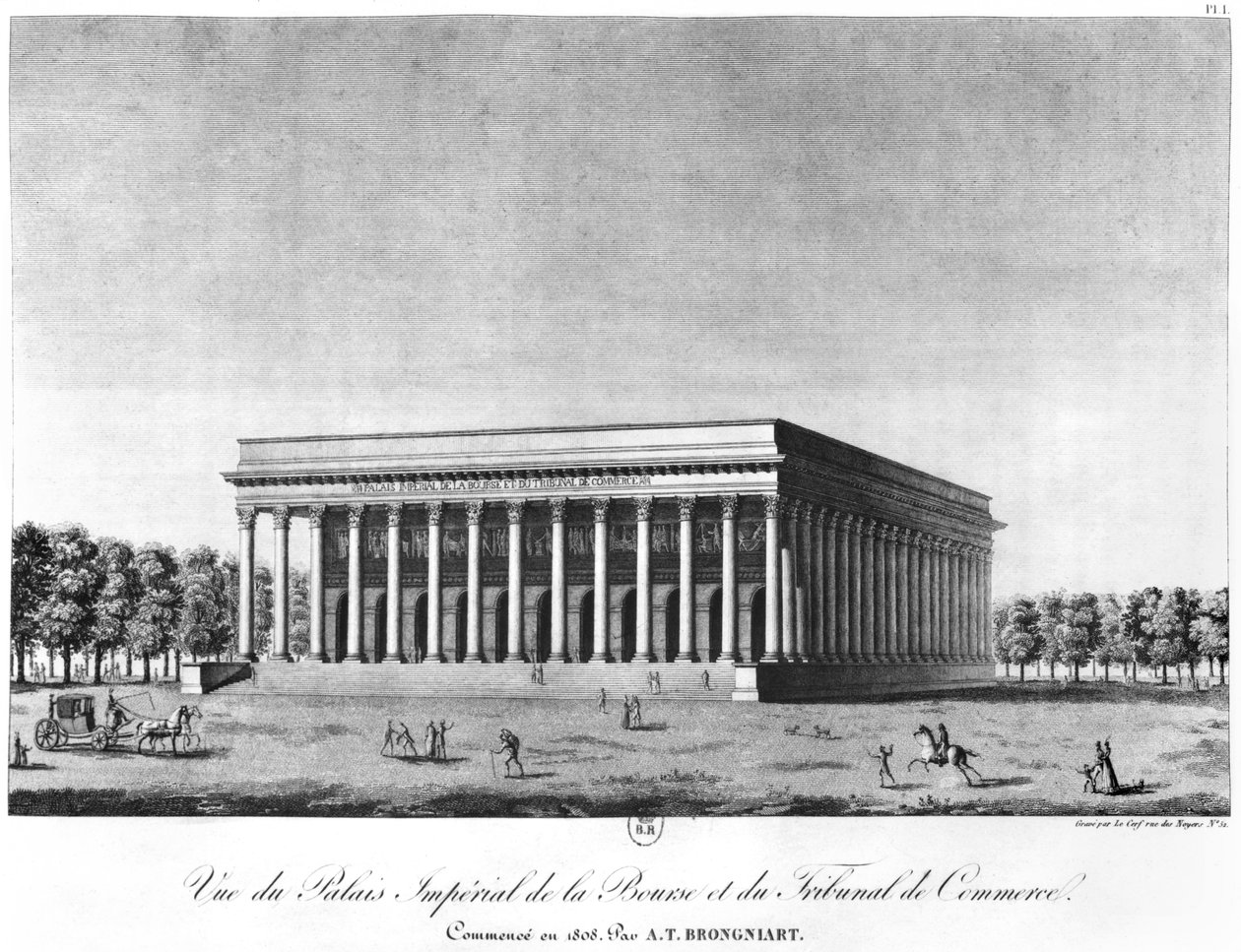 Utsikt över Bourse Imperial Palace och Commercial Court, Paris, tidigt 1800-tal av Jacques Louis Constant Le Cerf