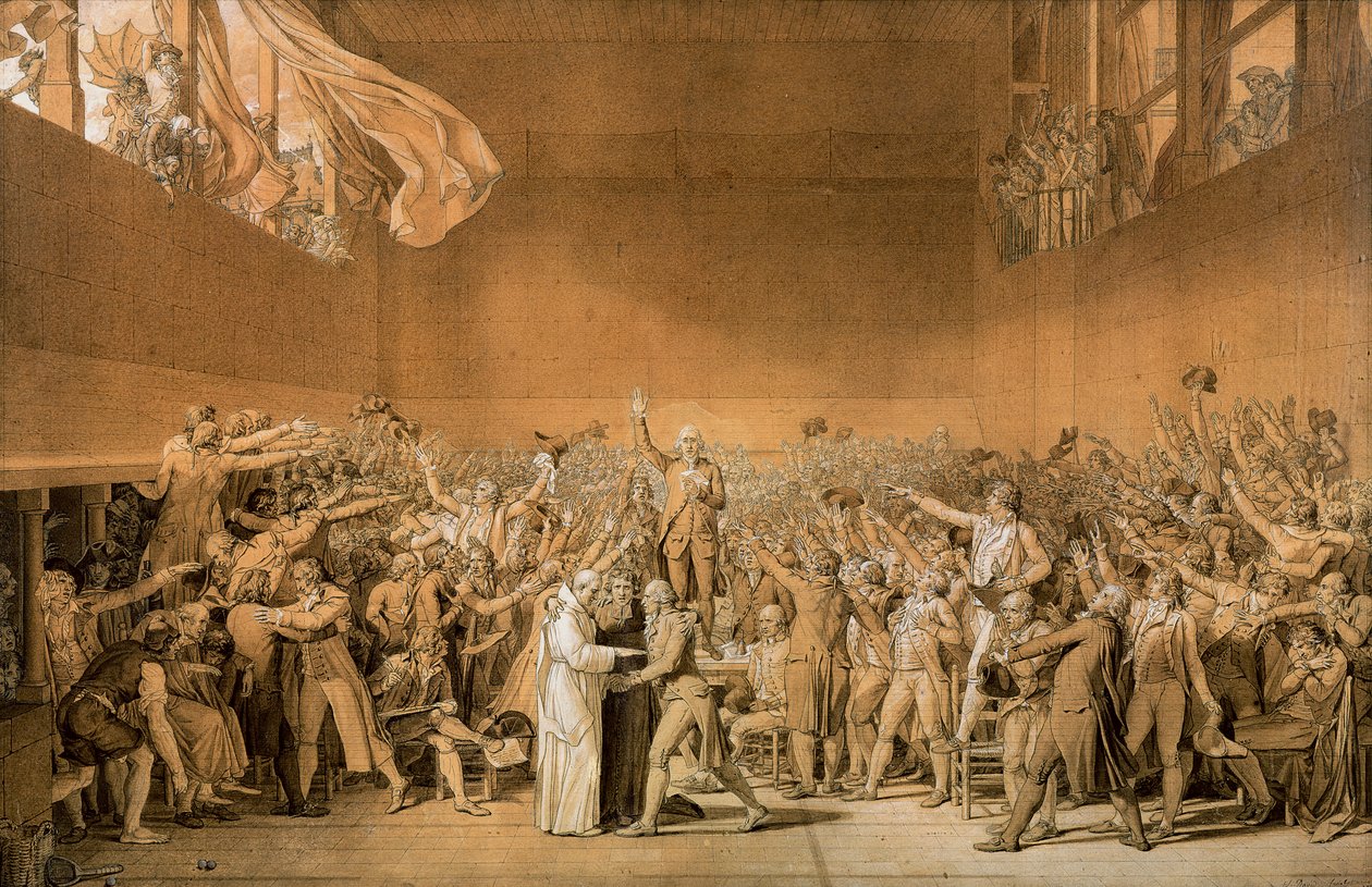 The Tennis Court Oath, 20 juni 1789, 1791 (penna tvättad med bistre med högdagrar av vitt på papper) (se även 14667) av Jacques Louis David