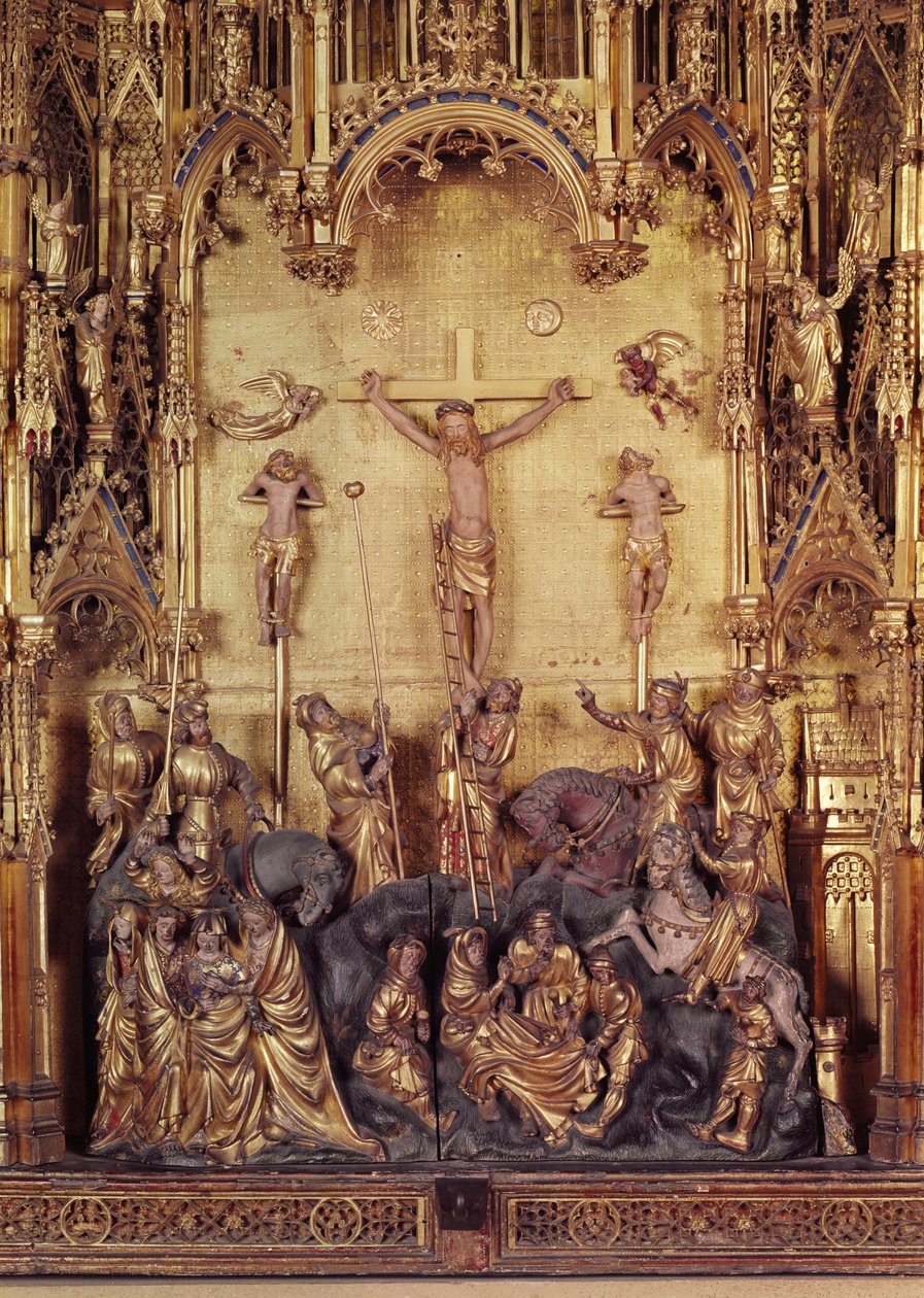 Korsfästelsens altartavla, detalj av centralpanelen, från Church of Chartreuse de Champmol, c.1391 förgyllt trä av Jacques de Baerze or Baers