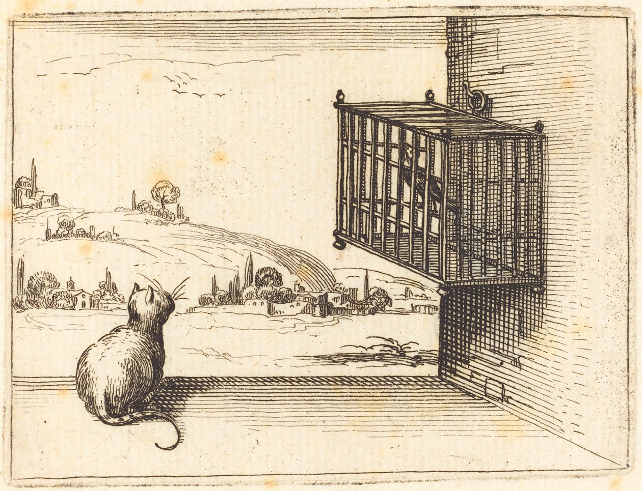 Katt som tittar på burfågel av Jacques Callot
