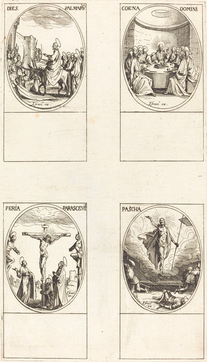 Inträde i Jerusalem; Sista måltiden; Korsfästelse; Uppståndelse av Jacques Callot