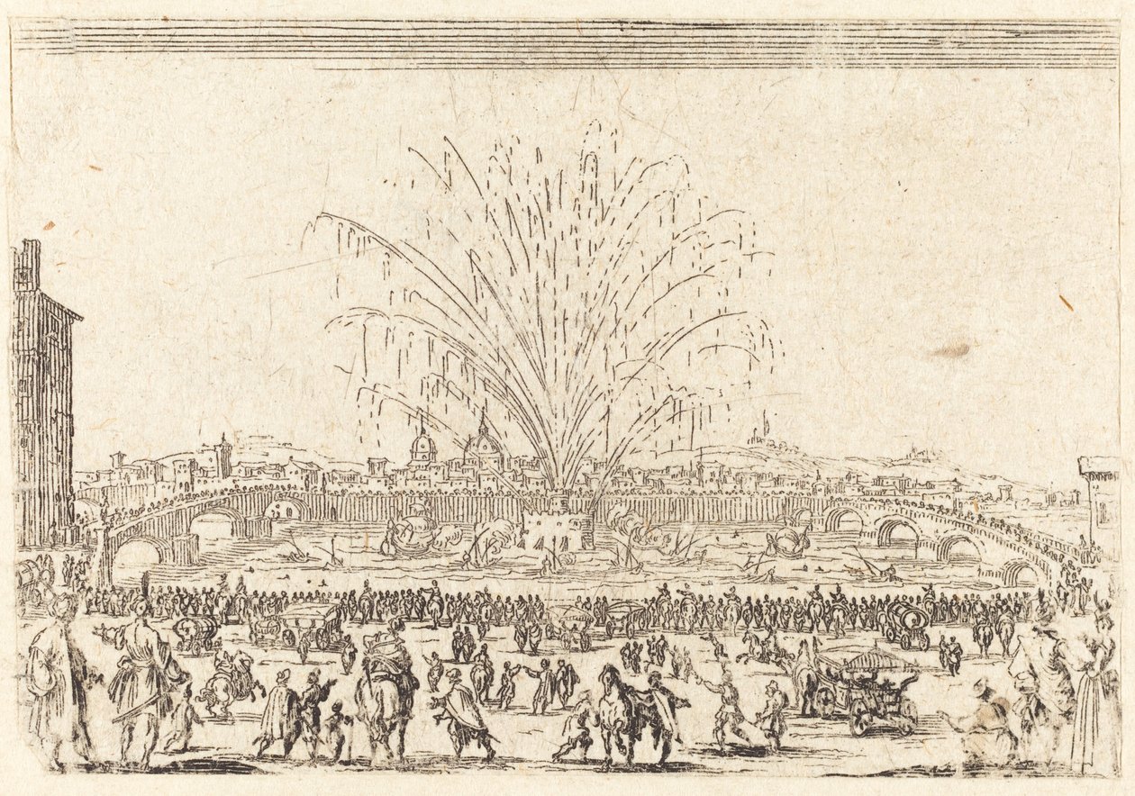Fyrverkerier på Arno, Florens av Jacques Callot