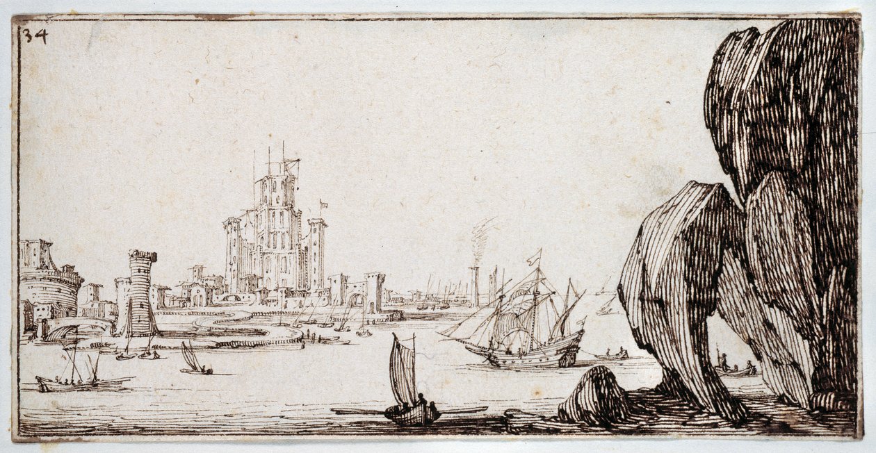 Harbor (penna & brunt bläck på papper) av Jacques Callot