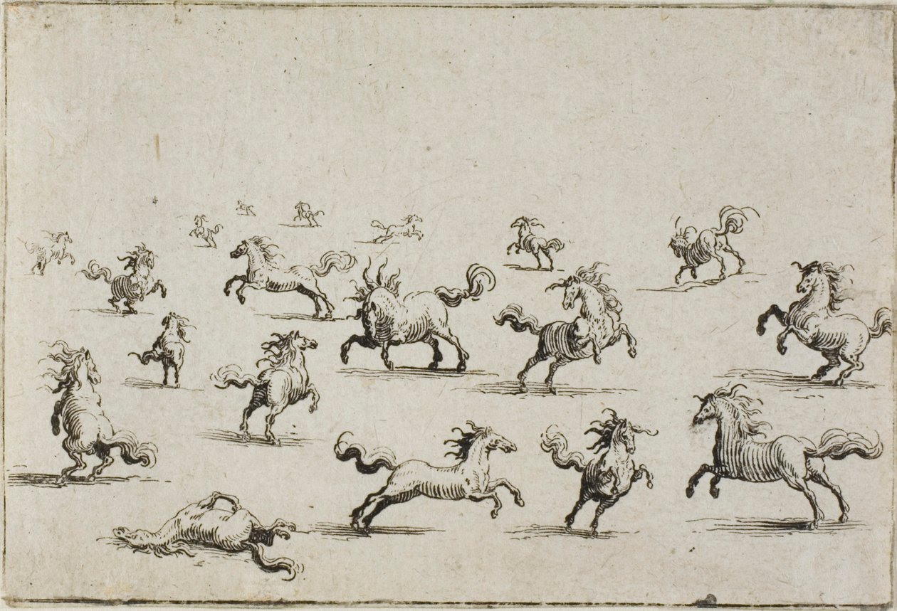 Hästar som springer fritt, från The Caprices av Jacques Callot