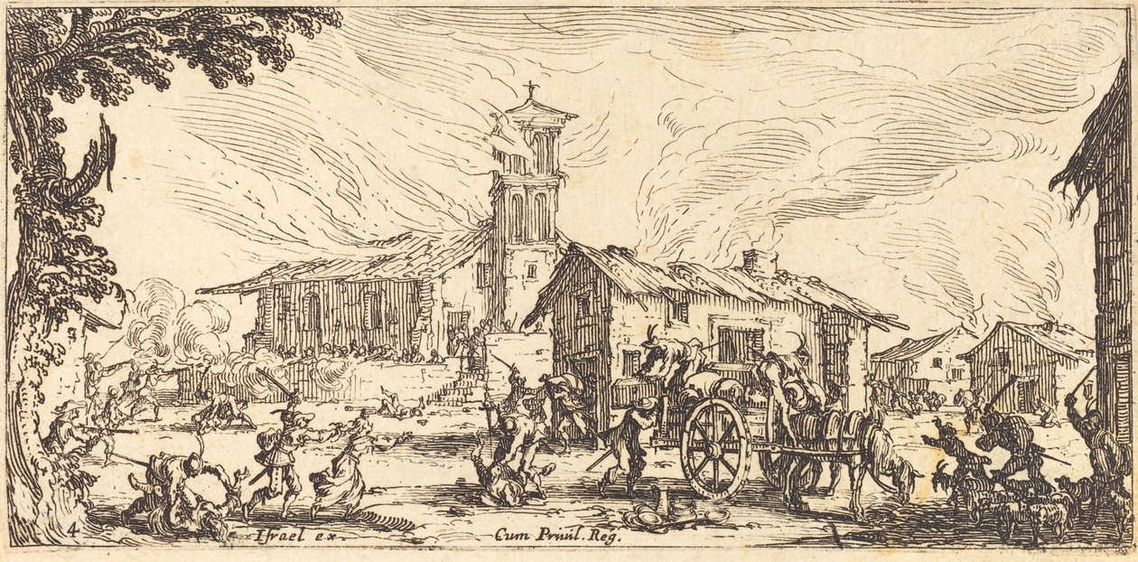 Härja och bränna en by, ca. 1633. av Jacques Callot