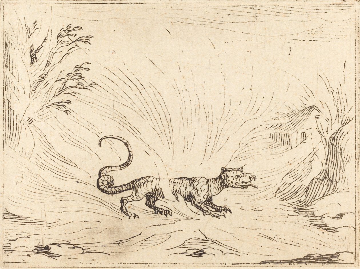 Salamander omgiven av lågor. av Jacques Callot