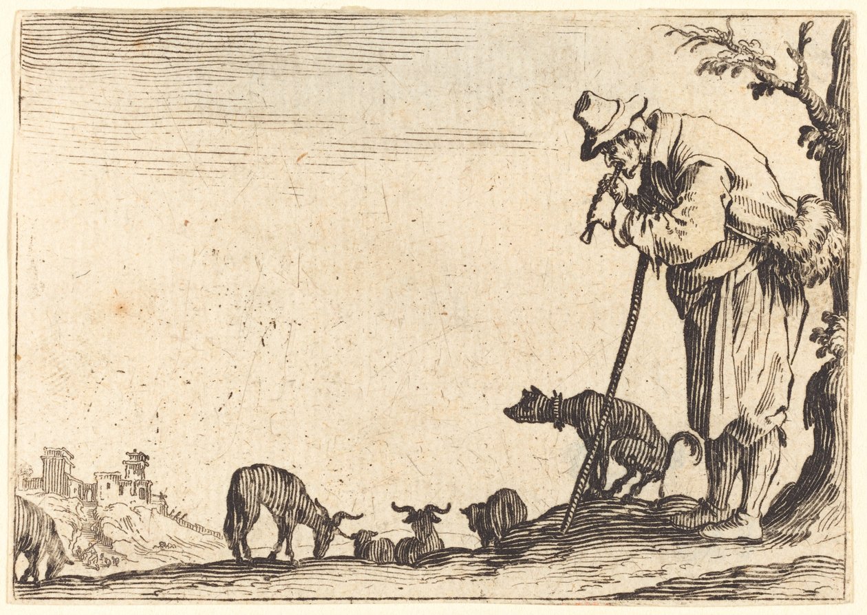 Herde som spelar flöjt av Jacques Callot