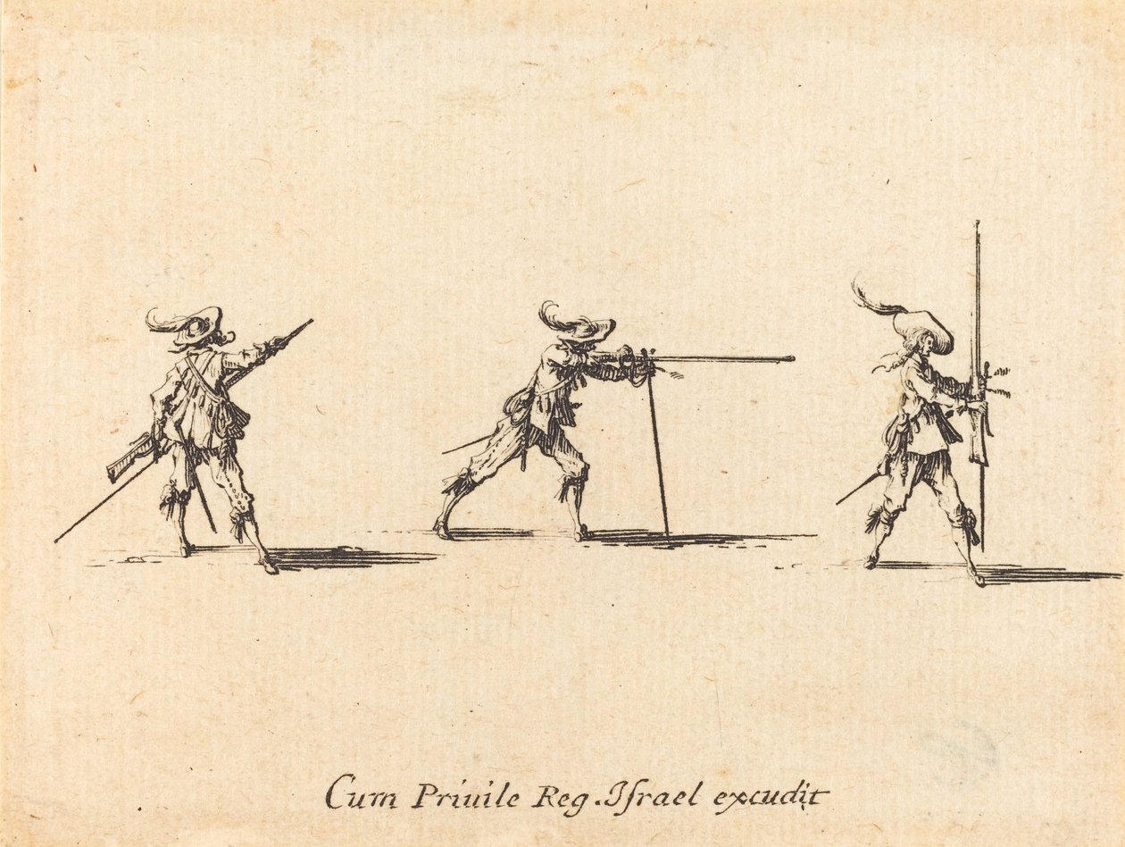 Inta skjutpositionen med musköten av Jacques Callot