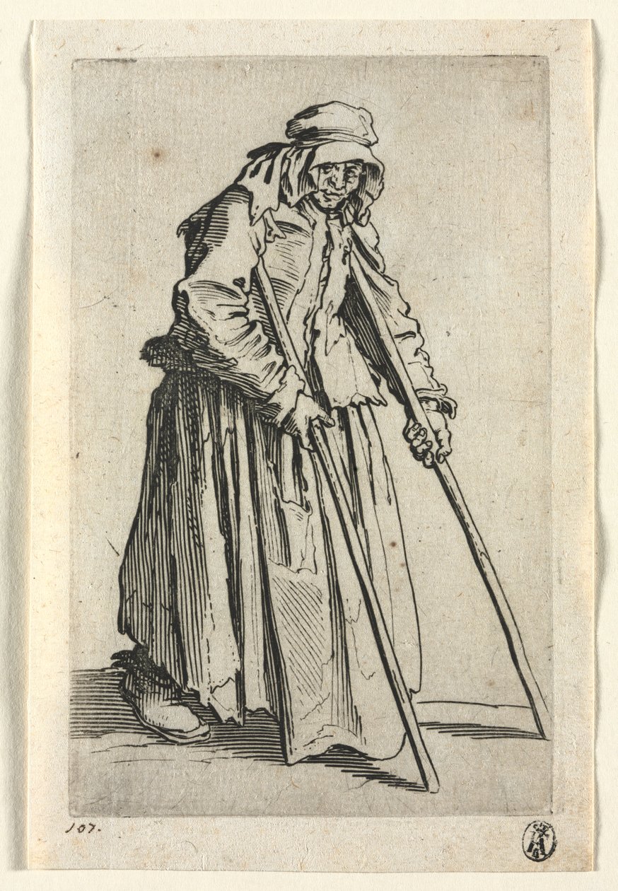 Tiggarna: Tiggarkvinna på kryckor av Jacques Callot