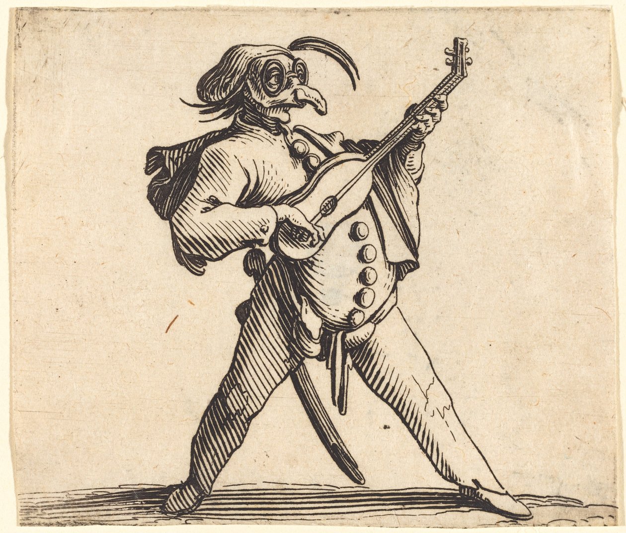 Den maskerade komikern som spelar gitarr av Jacques Callot