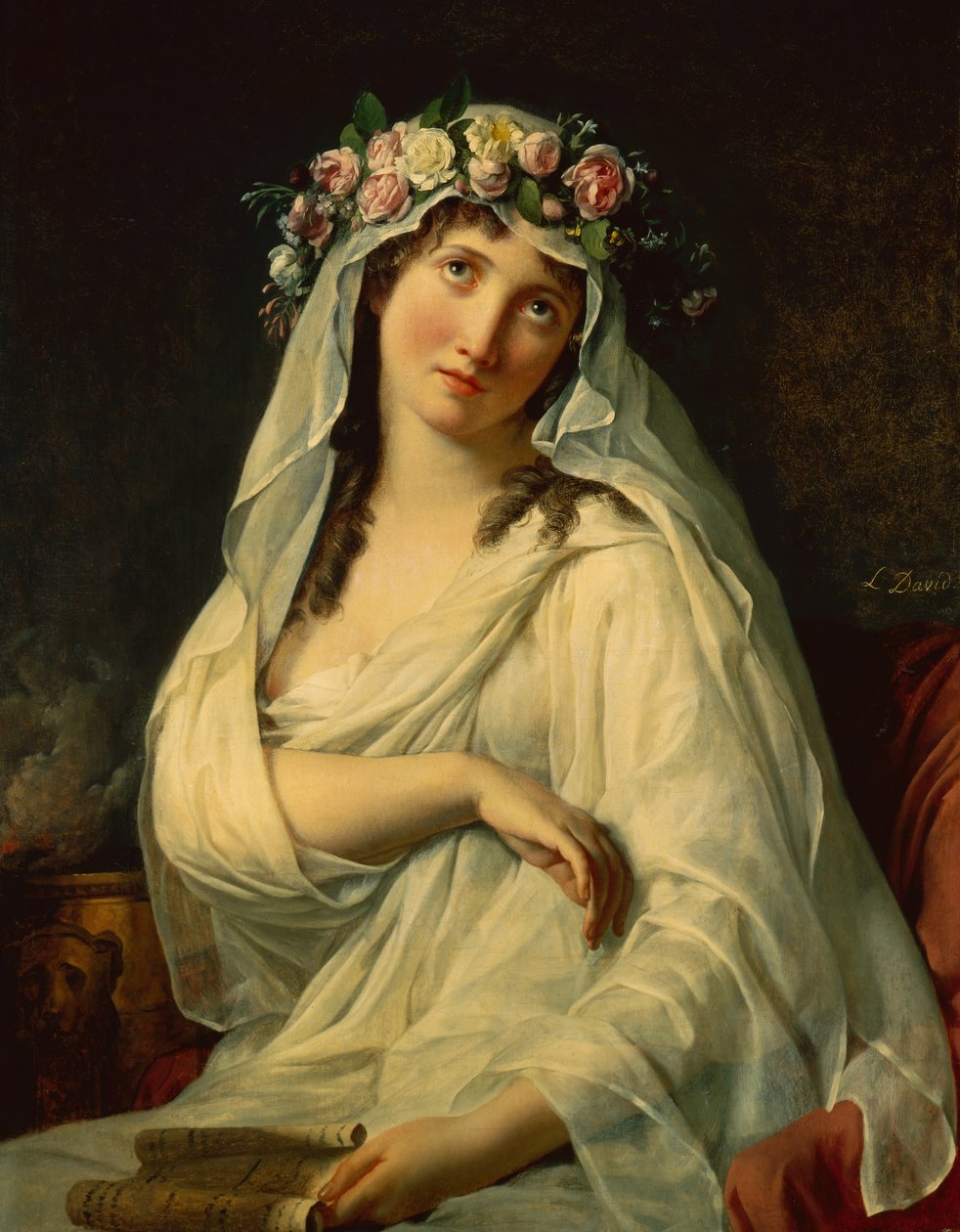 En vestalisk jungfru krönt med blommor av Jacques Louis David