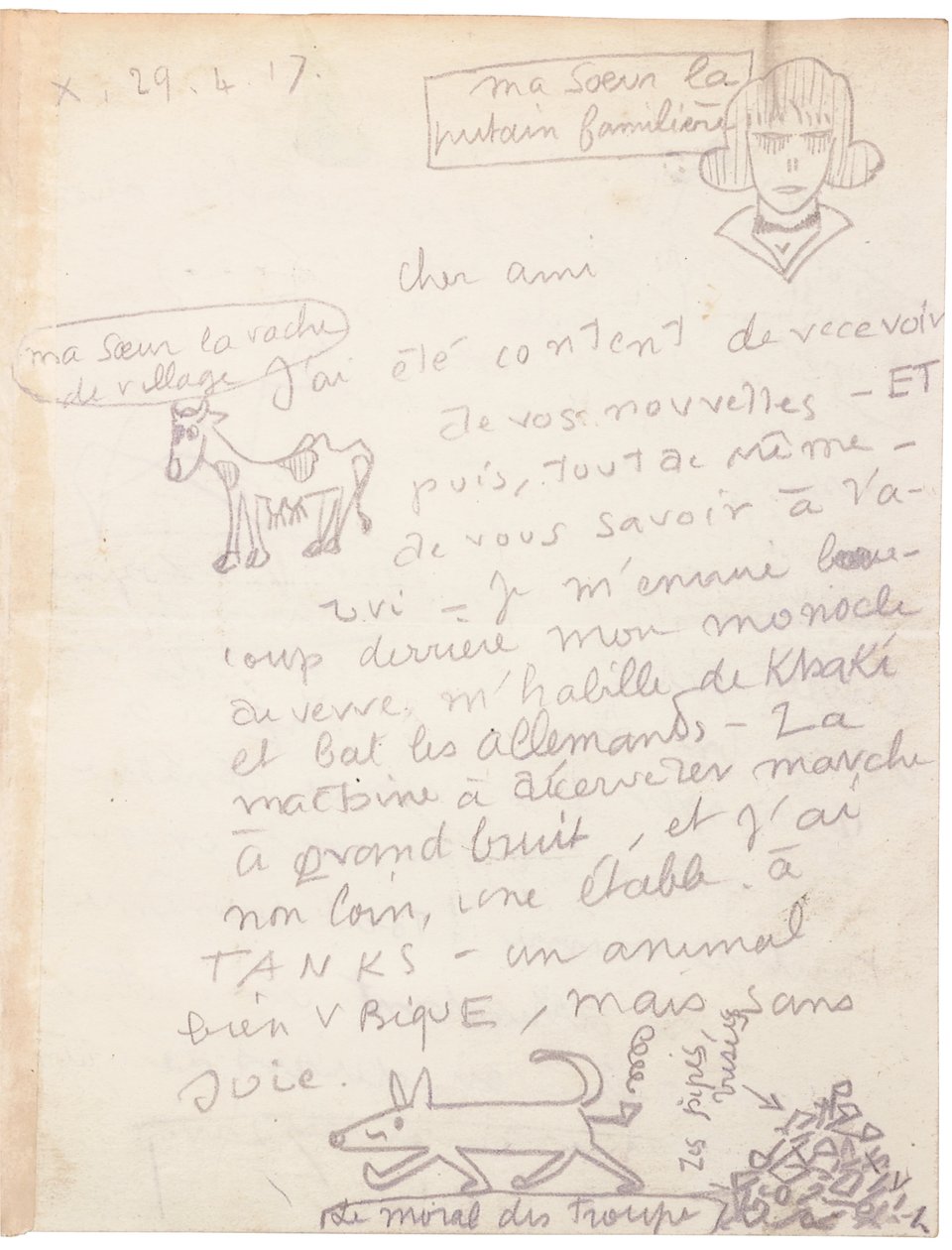Autografbrev med teckningar av Jacques Vache