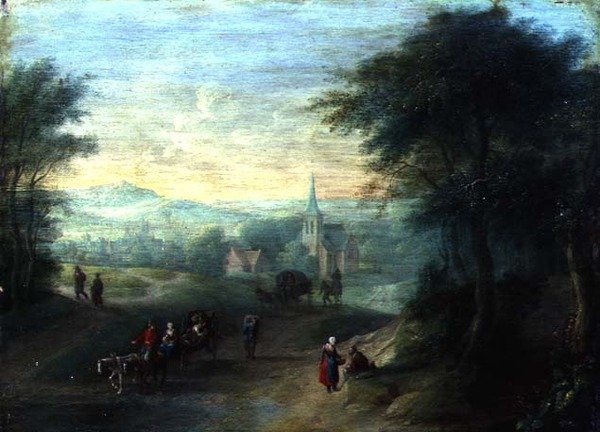 Bergigt flodlandskap (olja på panel) av Jacques Willem Blarenberghe
