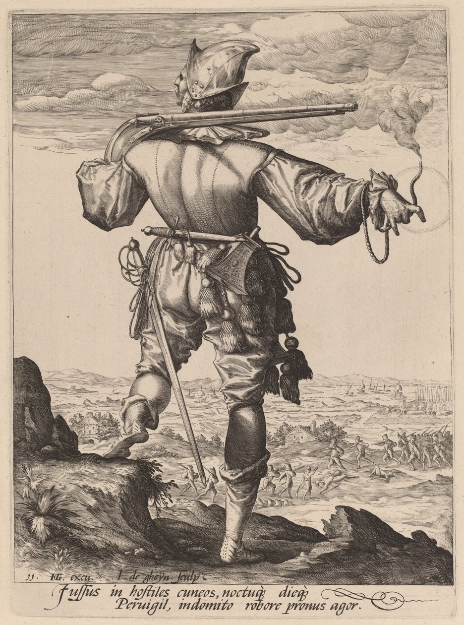 Musketör med hjälm av Jacques de Gheyn II after Hendrik Goltzius