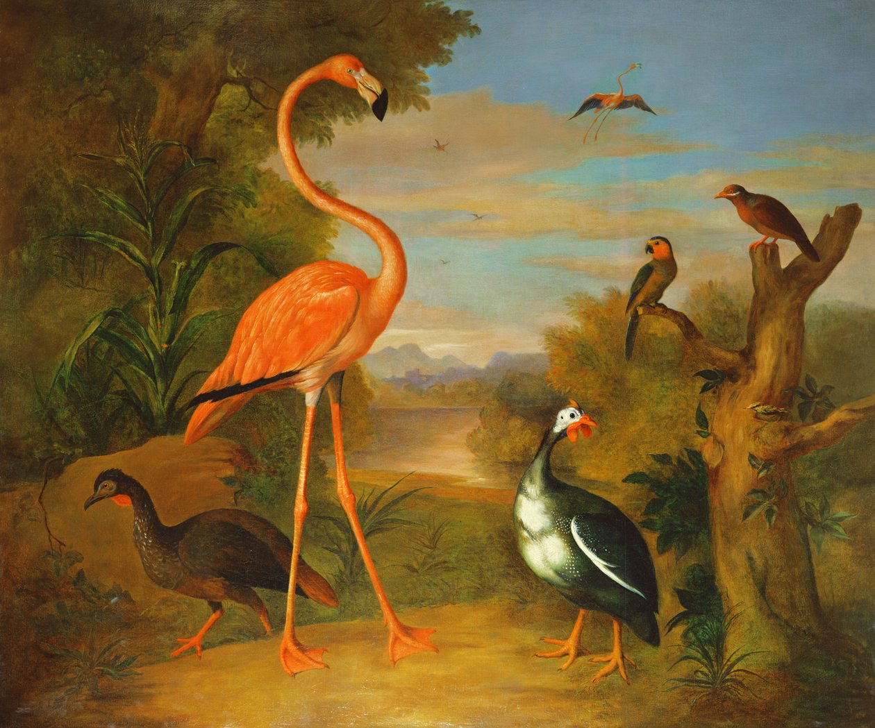 Flamingo och andra fåglar i ett landskap av Jakob Bogdani or Bogdany