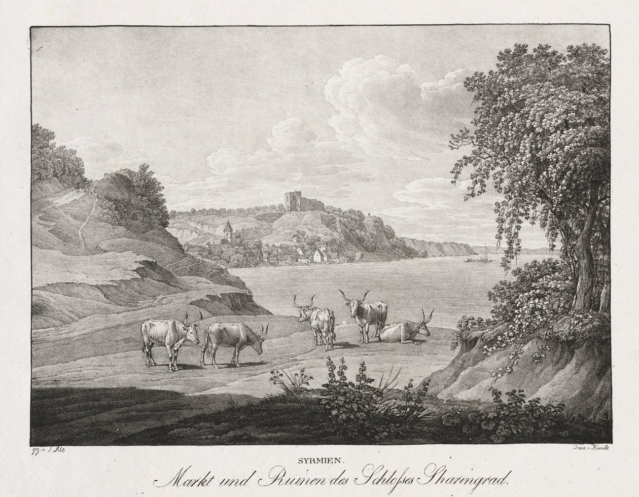 Syrmien, marknaden och ruinerna av Sharengrads slott. av Jakob Alt