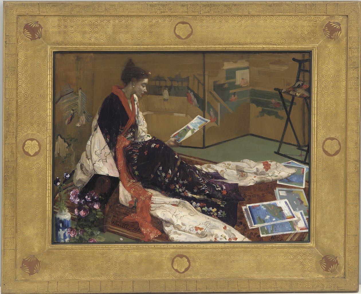Caprice i lila och guld: The Golden Screen, 1864 (olja på träpanel) av James Abbott McNeill Whistler