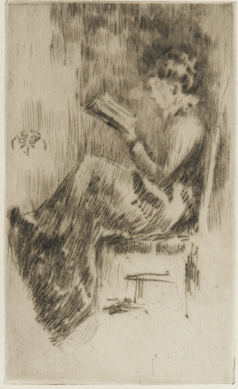 Reading a Book (möjligen Lizzie Dawson) c.1873 (torrnål på papper) av James Abbott McNeill Whistler