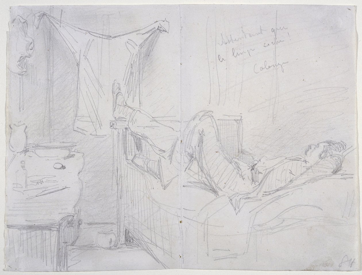 I väntan på att kläderna ska torka, Köln, 1858 (penna på benvitt vävt papper) av James Abbott McNeill Whistler
