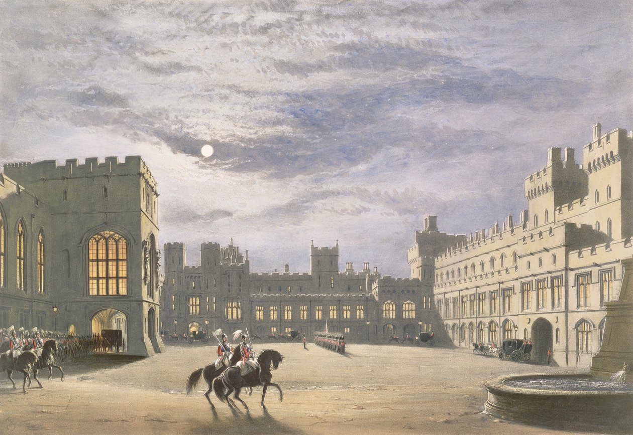 Kunglig besökares ankomst, Quadrangle i månsken, Windsor Castle, 1838 av James Baker Pyne