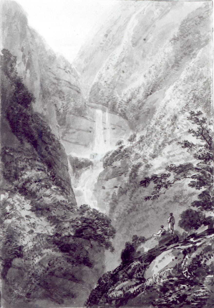 The Cascade of Minzapeezo, akvarell av Samuel Davies efter en gravyr, ca 1800 av James Basire