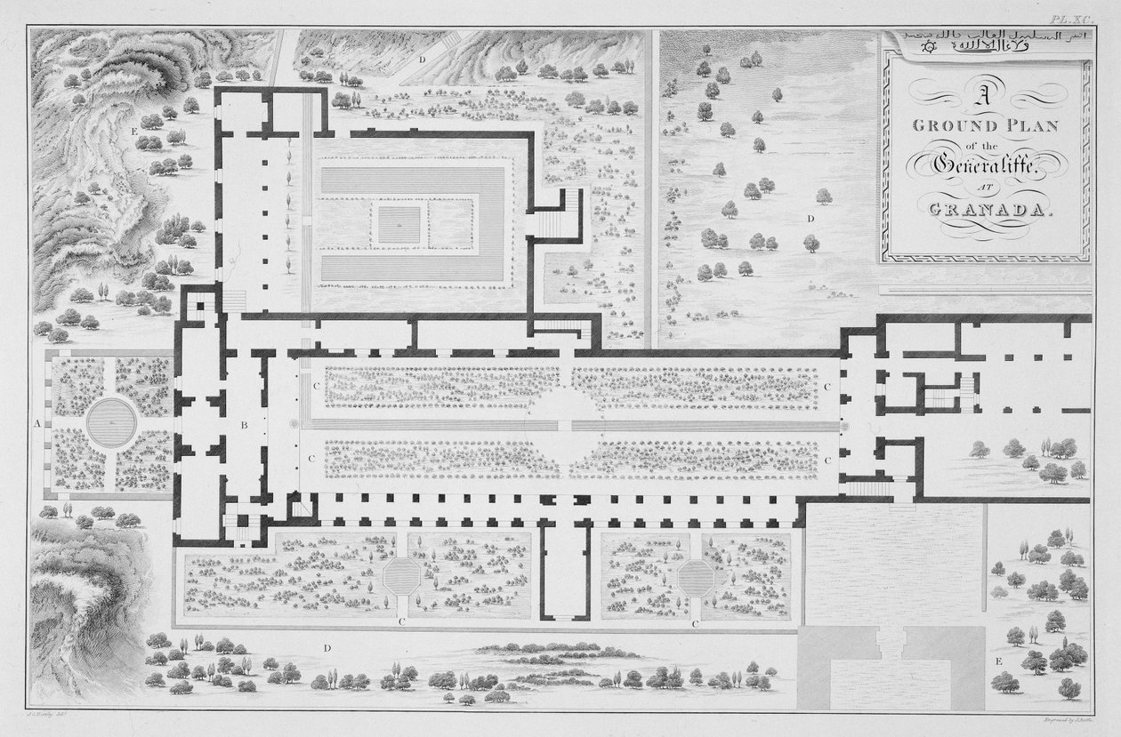 Grundplan över trädgårdarna i Generalife, Granada, från 