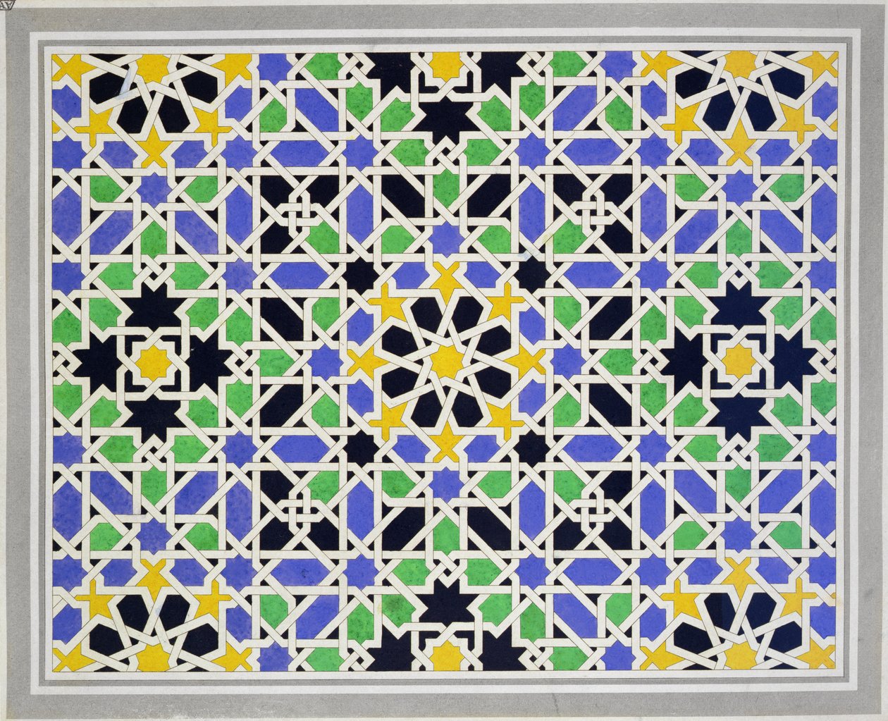 Mosaik i dado av dörren i de två systrarnas hall, Alhambra, från "The Arabian Antiquities of Spain", publicerad 1815 av James Cavanagh Murphy