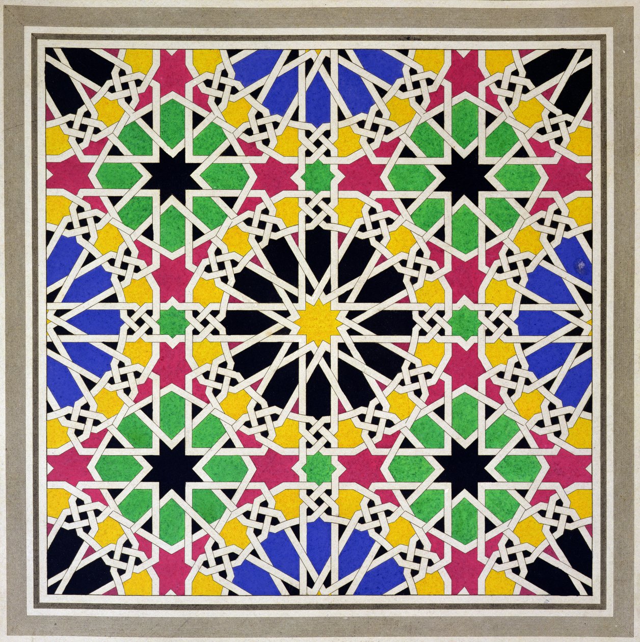 Mosaikornament på den södra sidan av Lejonens gård, Alhambra, från "The Arabian Antiquities of Spain", publicerad 1815. av James Cavanagh Murphy
