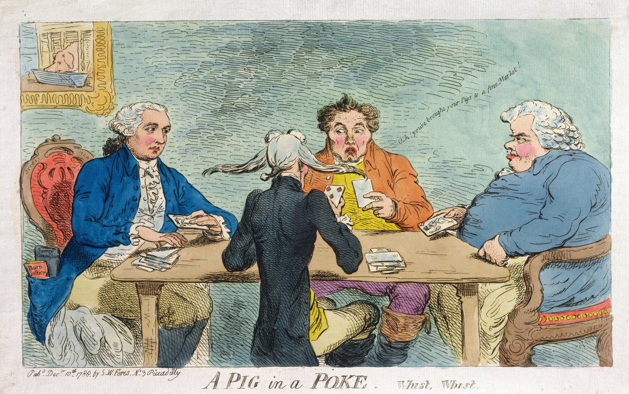 A Pig in a Poke, utgiven av S.W. Fores 1788 (handkolorerad etsning) av James Gillray