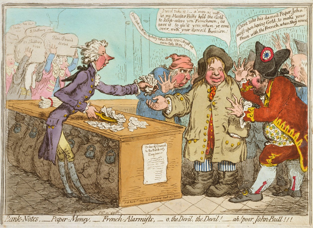 Sedlar - Papperspengar - Franska Alarmister - ah! stackars John Bull! publicerad av Hannah Humphrey 1797 (handfärgad etsning) av James Gillray
