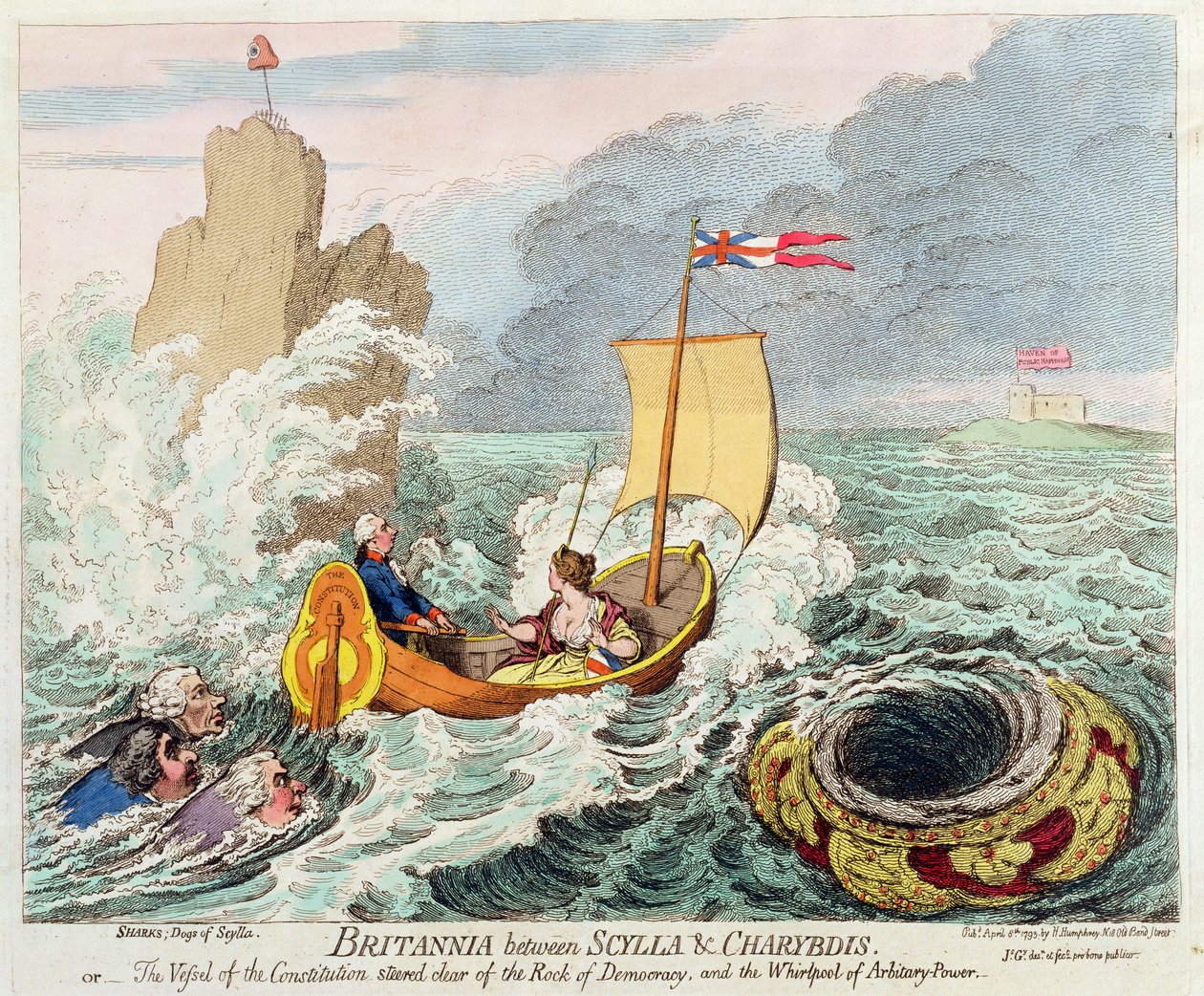 Britannia Between Scylla und Charybdis, eller The Vessel of Constitution styrt bort från Rock of Democracy and the Whirlpool of Arbitrary Power, publicerad av Hannah Humphrey 1793 (handfärgad etc. av James Gillray