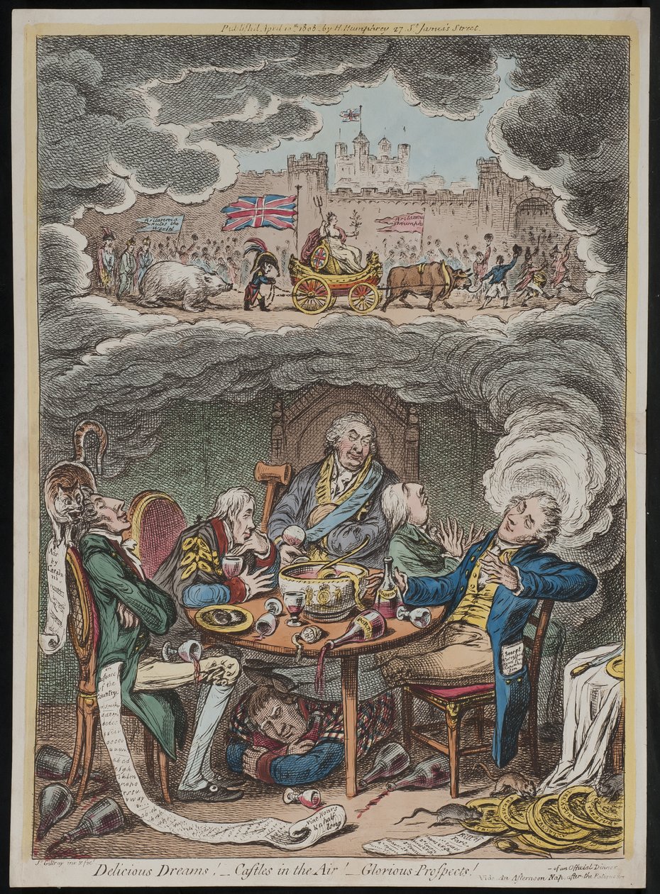 Läckra drömmar! Luftslott! Härliga utsikter! se En eftermiddagslur efter tröttheten av en officiell middag av James Gillray