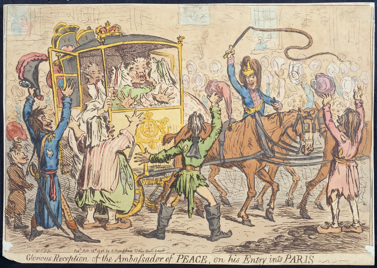 Glorious reception of the Ambassador of Peace on his Entry in Paris, publicerad av Hannah Humphrey 1796 (handfärgad etsning) av James Gillray